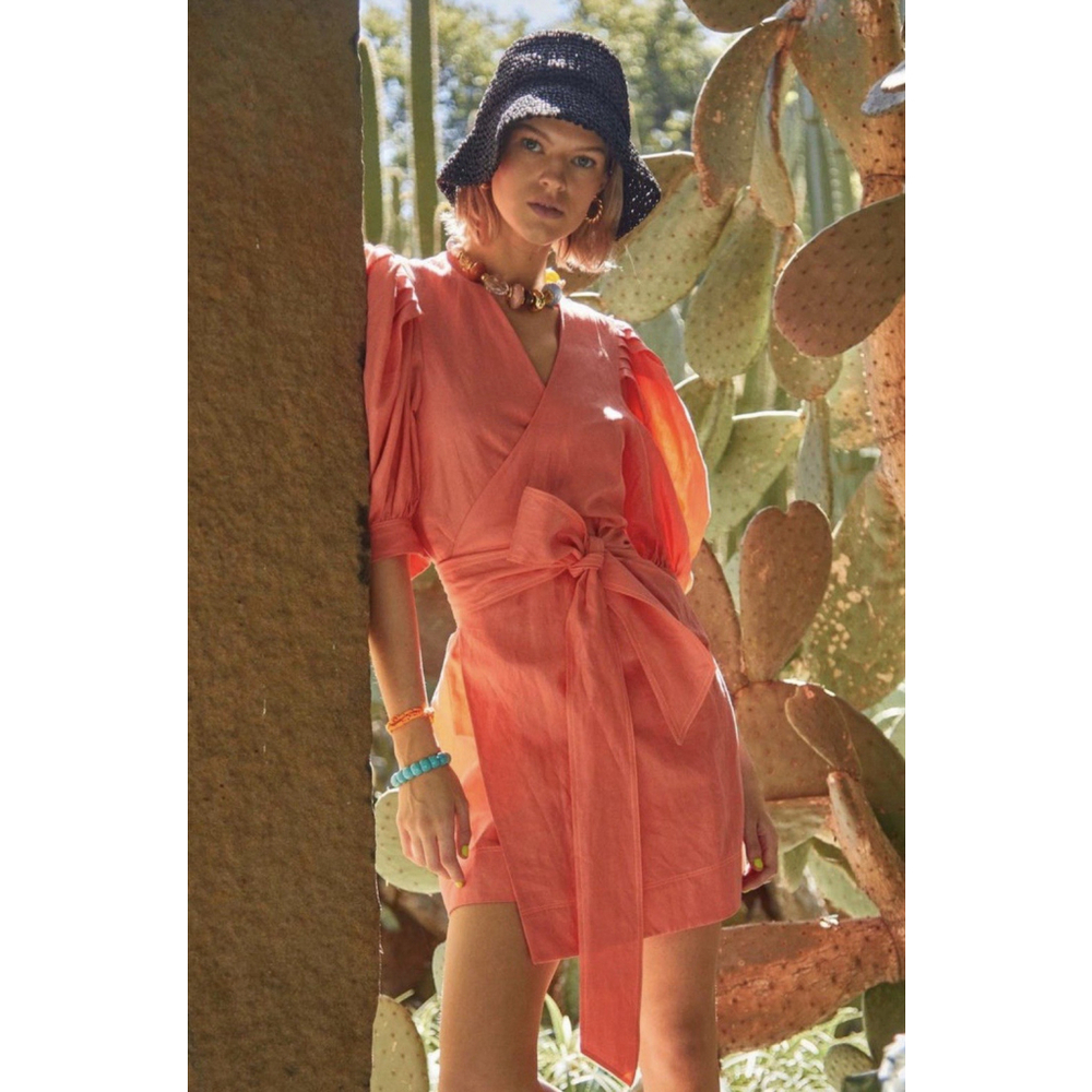 Hunter Bell The Hampton Wrap Dress Large Melon Orange Puff Sleeve Luxury Party
